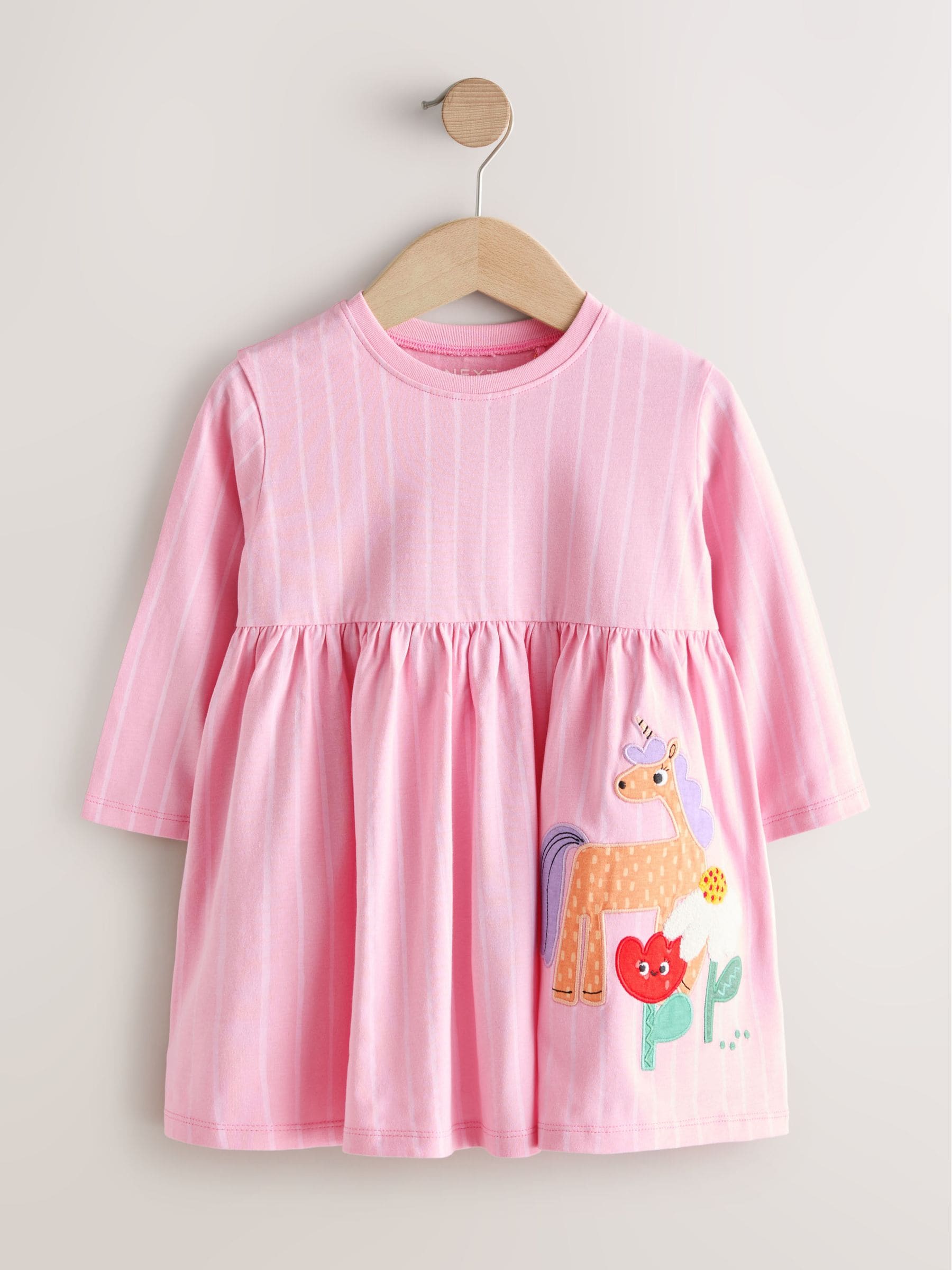 Roze met eenhoornprint - Jurk met lange mouwen en versiering (3mnd -7jr)