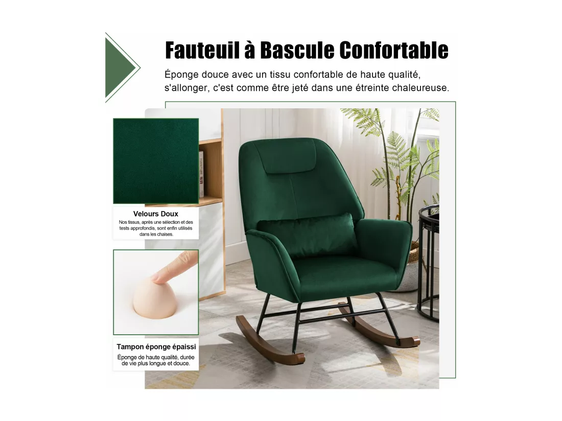 Fauteuil à Bascule en Velours Rembourré avec Support Lombaire, Fauteuil Allaitement à Bascule pour Salon, Chambre d'enfant, Vert Foncé
