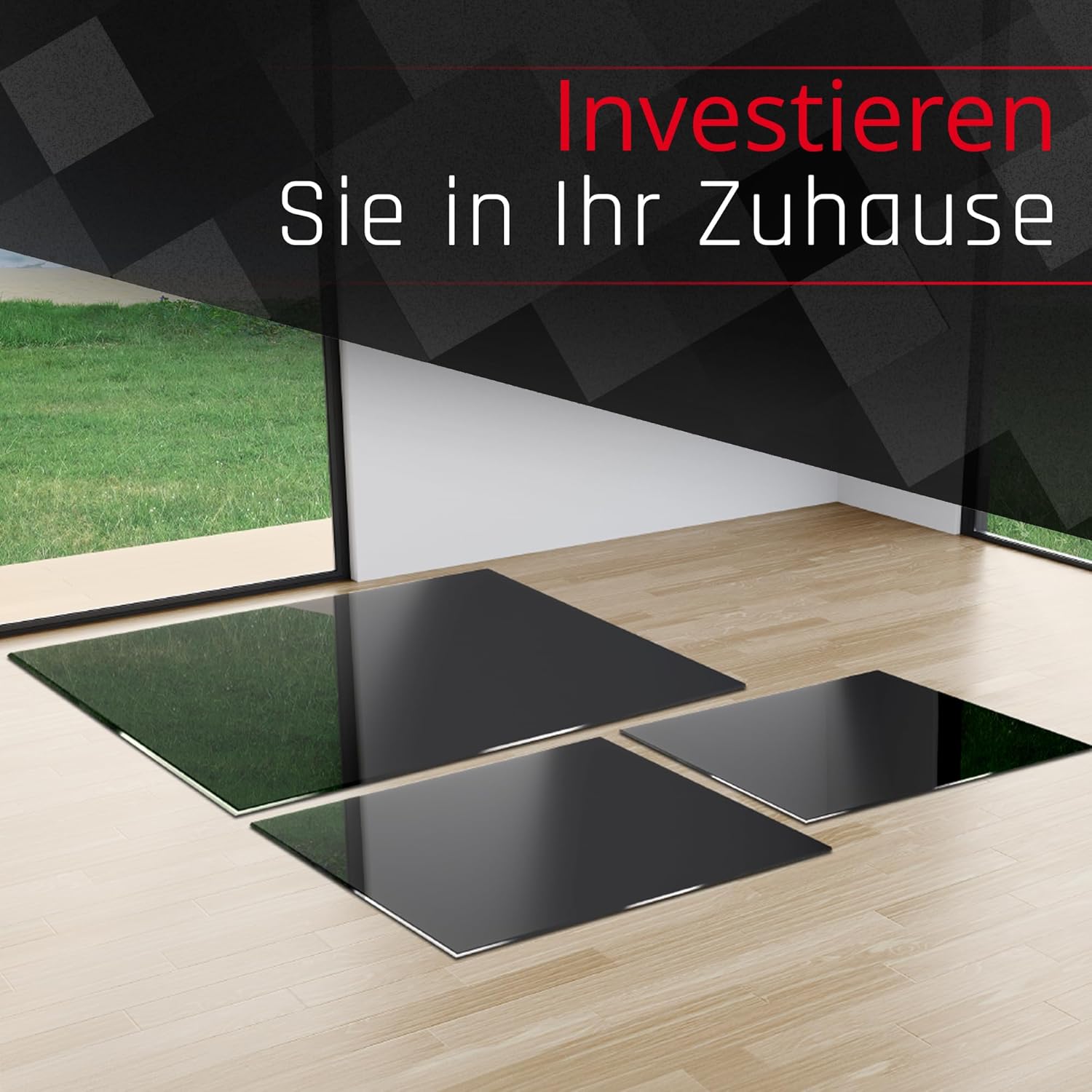 BIJON Funkenschutz-Platte Schwarz mit polierter Kante, Glasplatte Kaminofen, Kaminschutz mit ESG Sicherheitsglas, Kamin Zubehör, Kamin Glasplatte, Quadrat 100 x 100 cm, 6mm