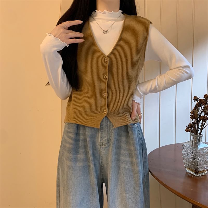 Allinya - V-hals geribbeld vest met knoopjes