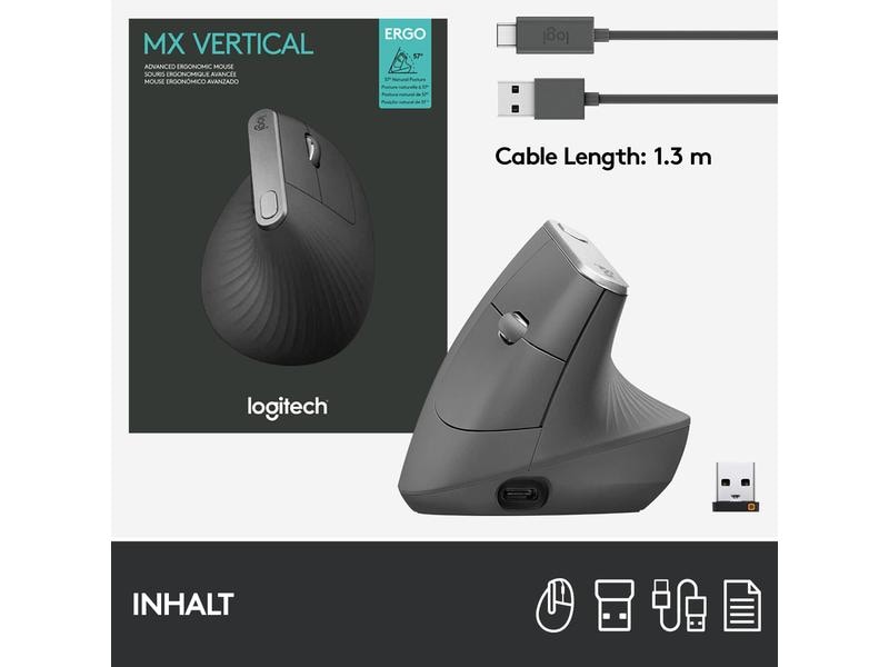 Logitech Ergonomische Maus MX Vertical Kabellose Maus mit ergonomischer, vertikaler Handpositionierung
