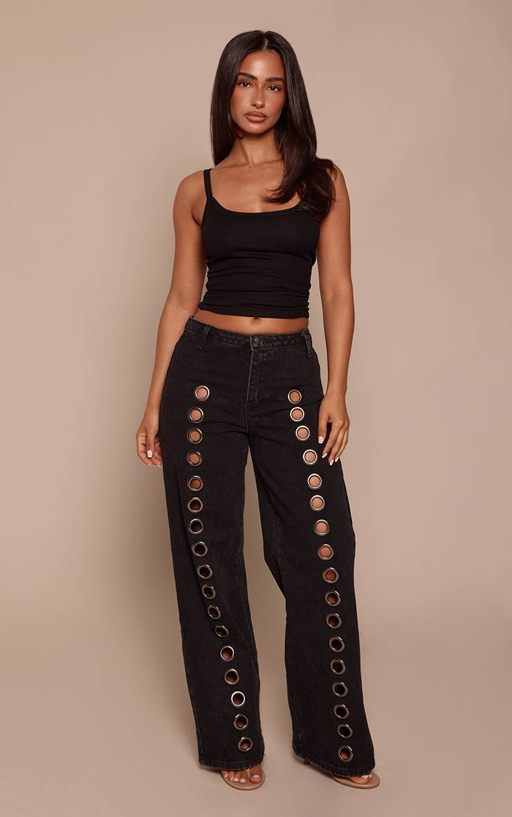 Noir Jean Denim Large À Œillets Sur Le Devant Petite