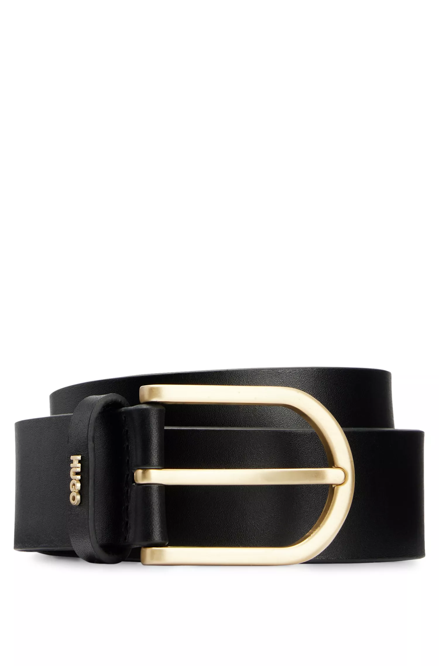 Cinto HUGO com fivela vermelha em couro e logotipo dourado.
