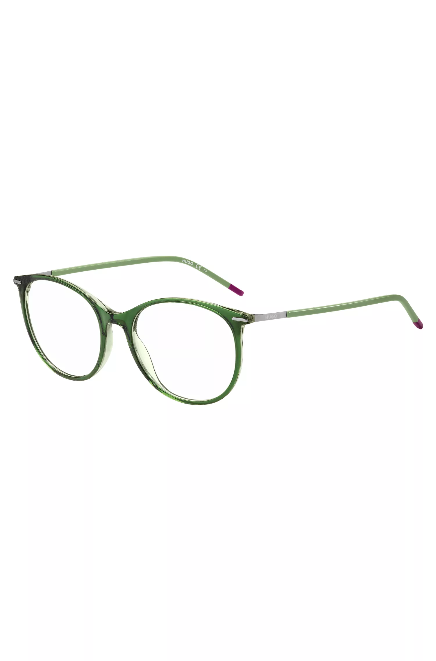 Armação óptica HUGO em acetato vermelho e verde com hastes em aço inoxidável.