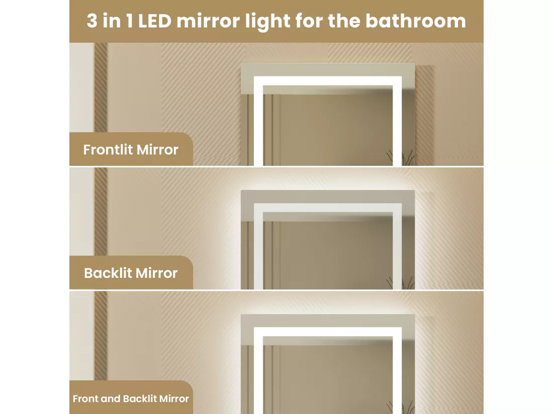 LED Miroir Lumineux Loupe+Tricolore + Anti-buée 100x60cm Salle de Bain Dimmable,Mémoire,Tactile