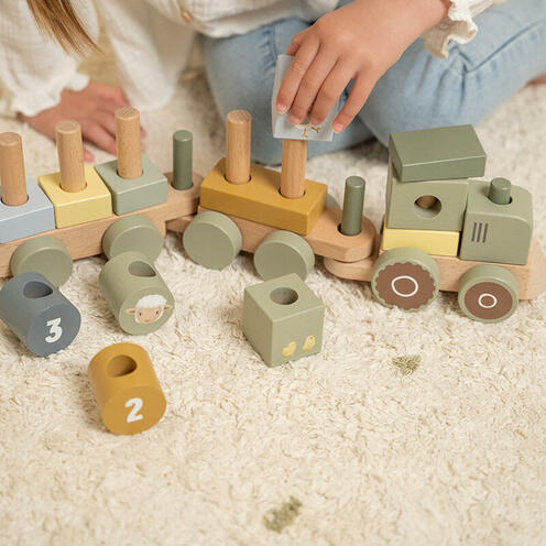 Train à blocs en bois FSC, tracteur - Little Farm - LITTLE DUTCH