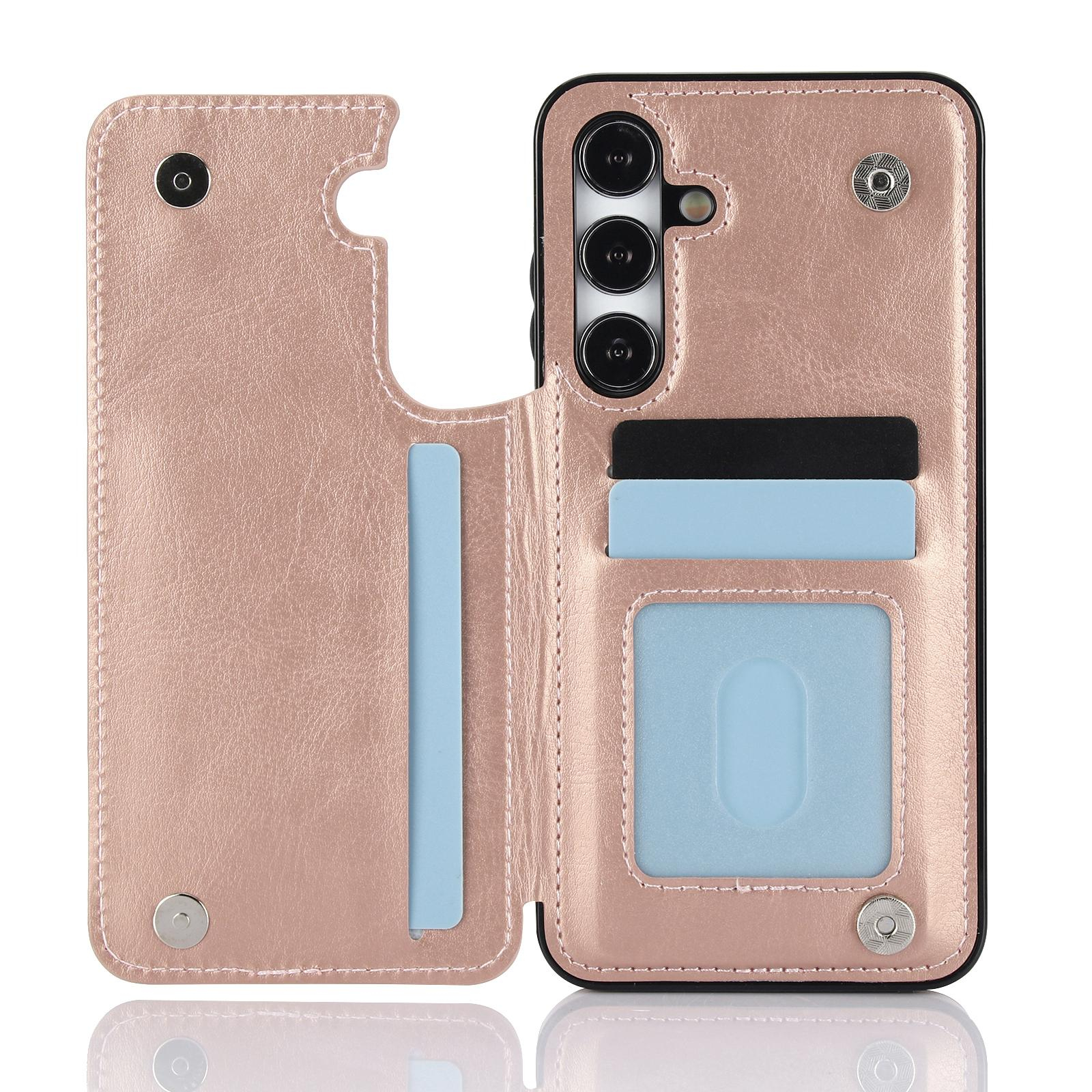 Samsung Galaxy S24 Hybrid Leder Hülle mit Kartenfach   Kickstand Aufsteller - Roségold