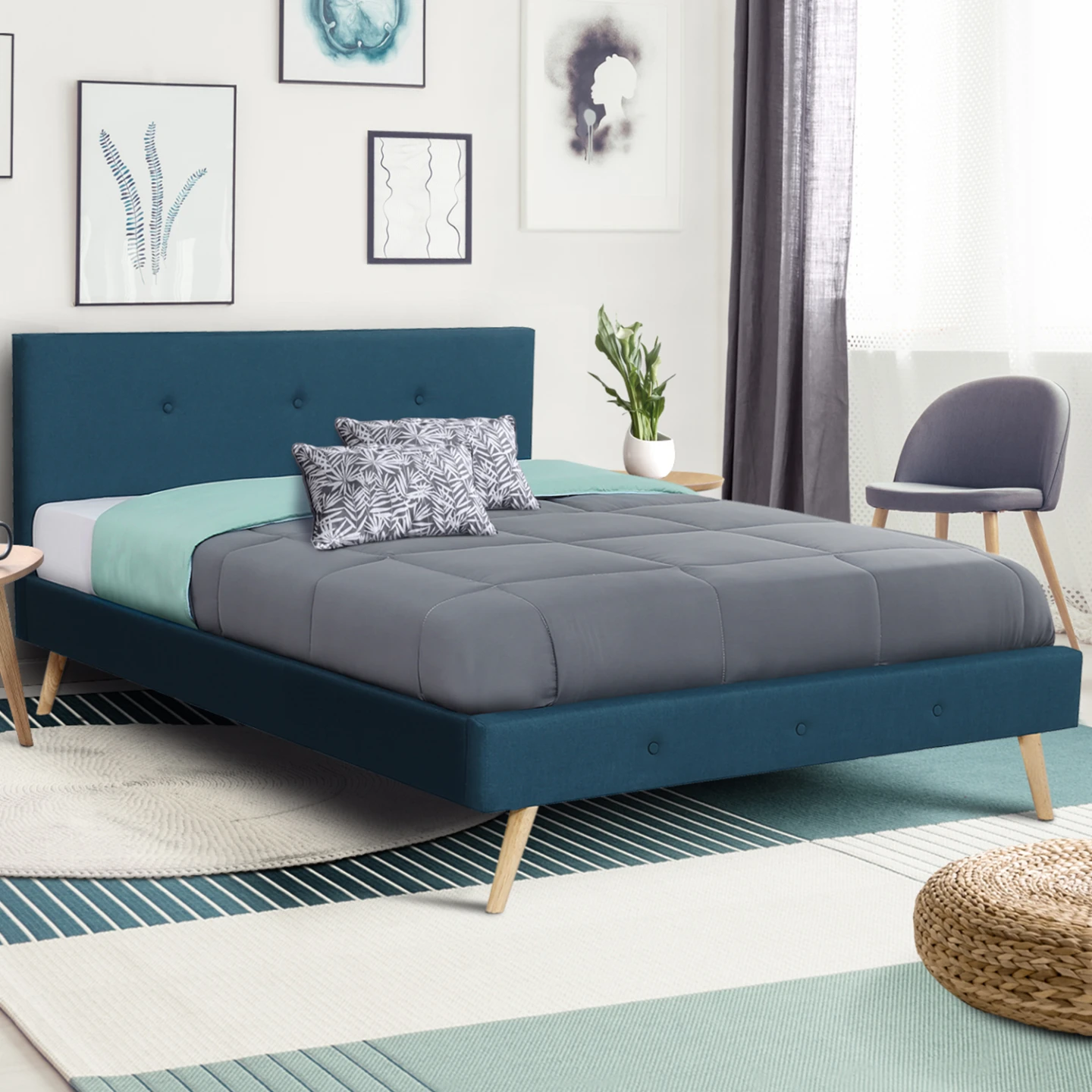 Lit double scandinave OSLO avec tête de lit et sommier 160 x 200 cm tissu bleu canard