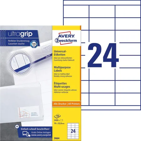 Avery Zweckform 3664 Universal-Etiketten,A4 mit ultragrip,Adressaufkleber 70 x 33,8 mm, 100 Bogen/2.400 Etiketten, weiß