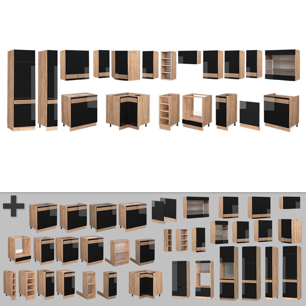 Vicco Eckküche Küchenblock Einbauküche Fame-Line Eiche Schwarz 257x347 cm modern Hochglanz Küchenschränke Küchenmöbel