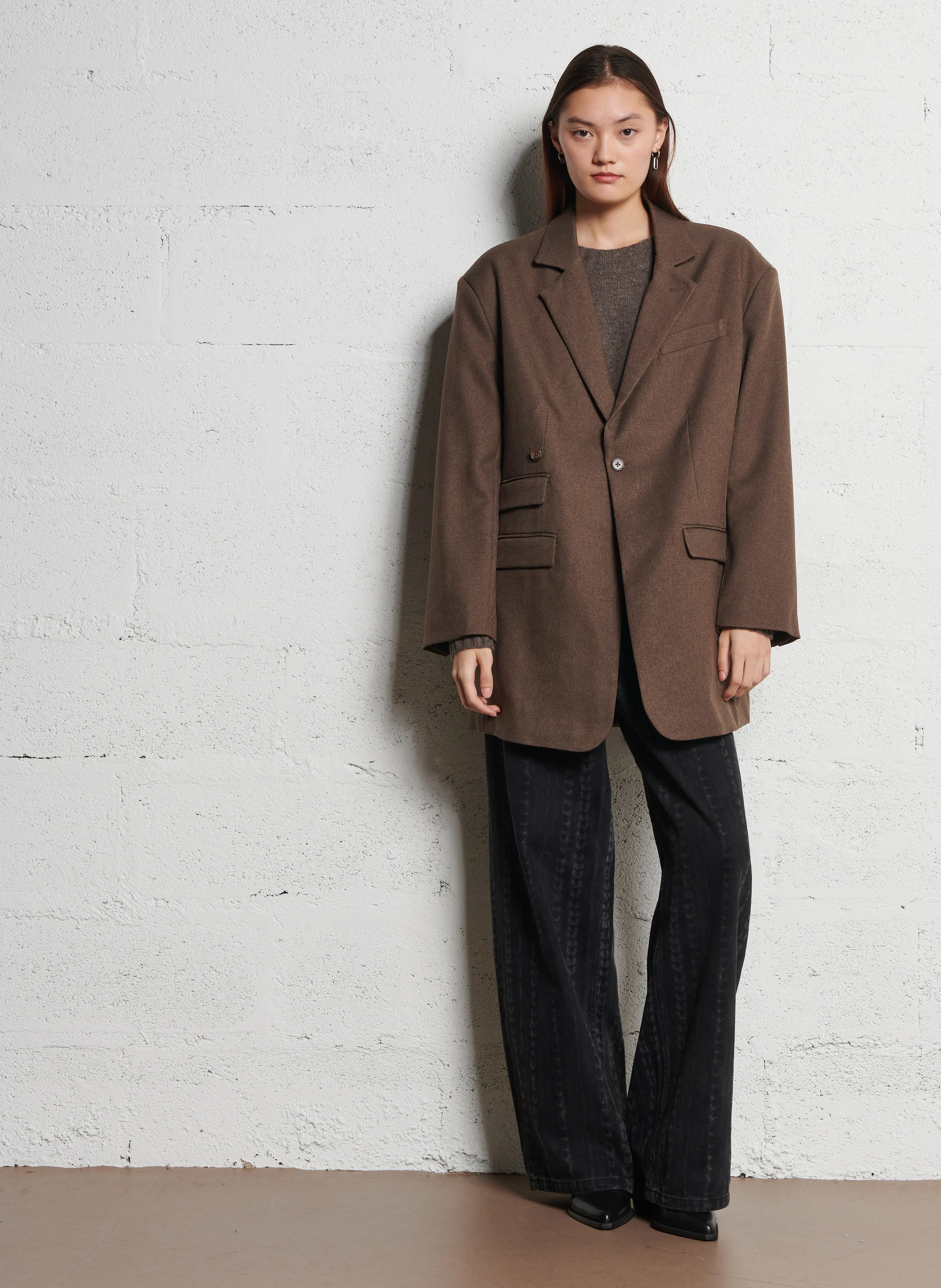 AMINI - Pull col rond en laine mélangée| Marron