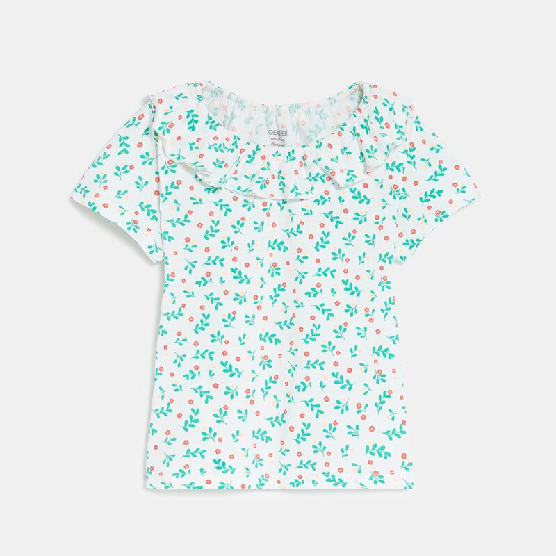 T-shirt col volanté maille fantaisie rose bébé fille Gris ou noir