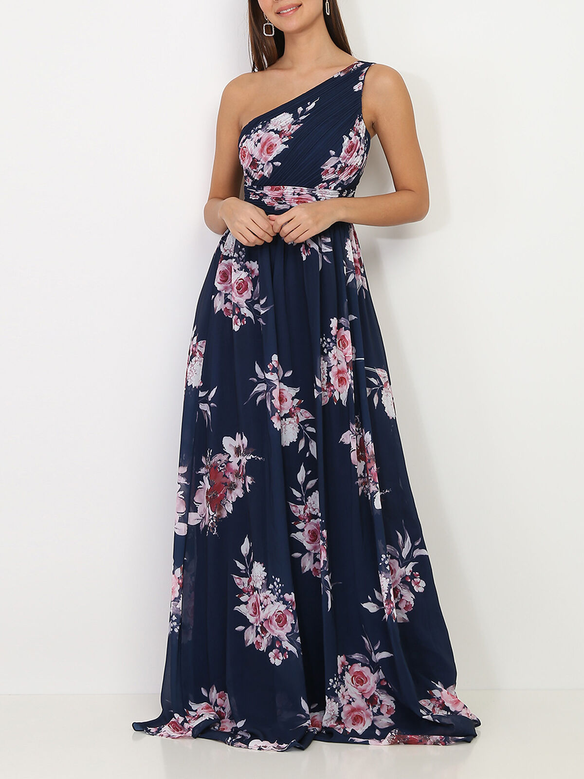 Robe longue asymétrique à fleurs- Bleu marine