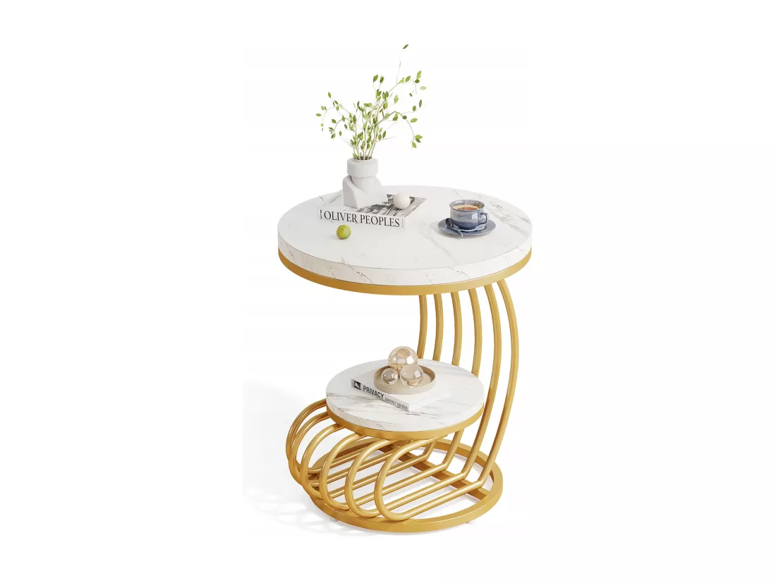 Table d'appoint en marbre Artificiel à 2 étages, Table de Chevet Moderne en Or Blanc avec Cadre en Forme d'arc en métal pour Salon (1PC)