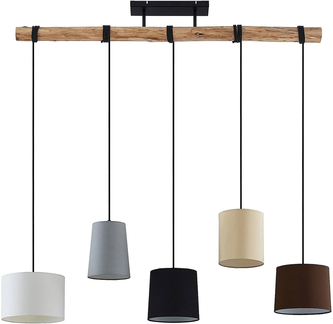 Lindby Esstisch Pendelleuchte Holz, Textil Balkenpendelleuchte Holzast und Stoff Lampenschirm Hängelampe Lampe Wohnzimmer 5x E27 ohne Leuchtmittel