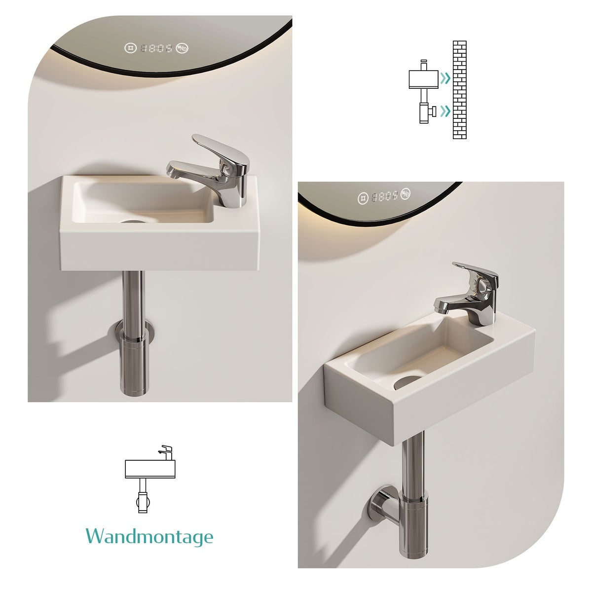 EMKE Rechthoekige keramische wastafel, wandwastafel, kraangat rechts, glanzend wit, 40,5×10,5×20,5 cm