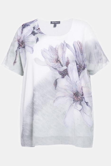 Bluse, doppellagig, Blüten, A-Linie, Rundhals, Halbarm