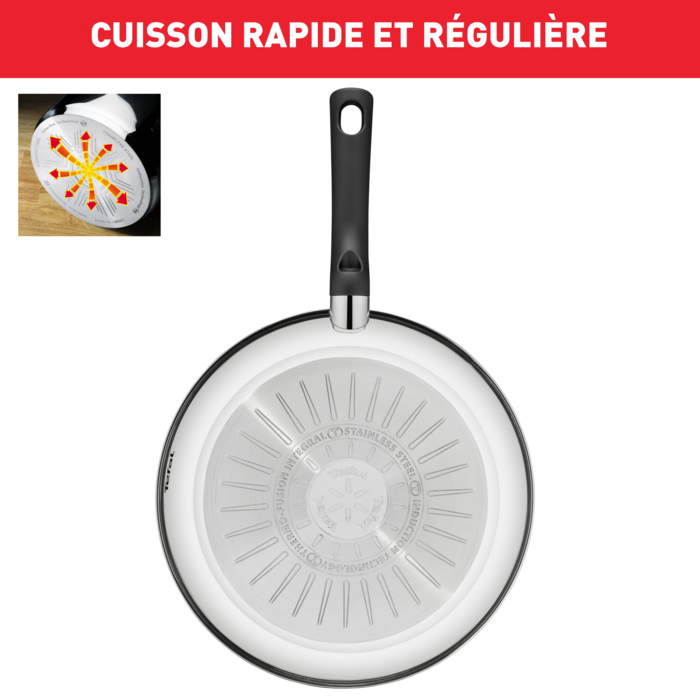Delicious Batterie de cuisine inox 8 pièces Casserole 16 cm, Faitout 24 cm + couvercle, Poêles revêtues 24/28 cm, Louche, Ecumoire, Feutrine protège-poêles