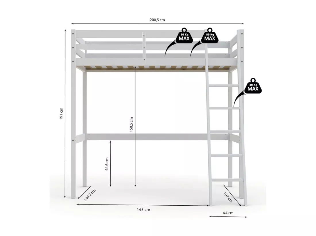 Lit mezzanine STUDIO 140x190 + 1 sommier / Blanc