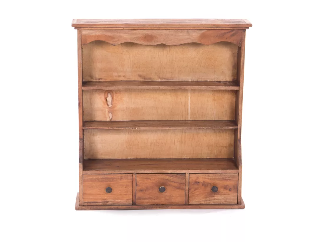 ÉTAGÈRE MURALE Nelia Bois massif de mahogany, 3 niveaux, 2 tiroirs couleurs naturelles
