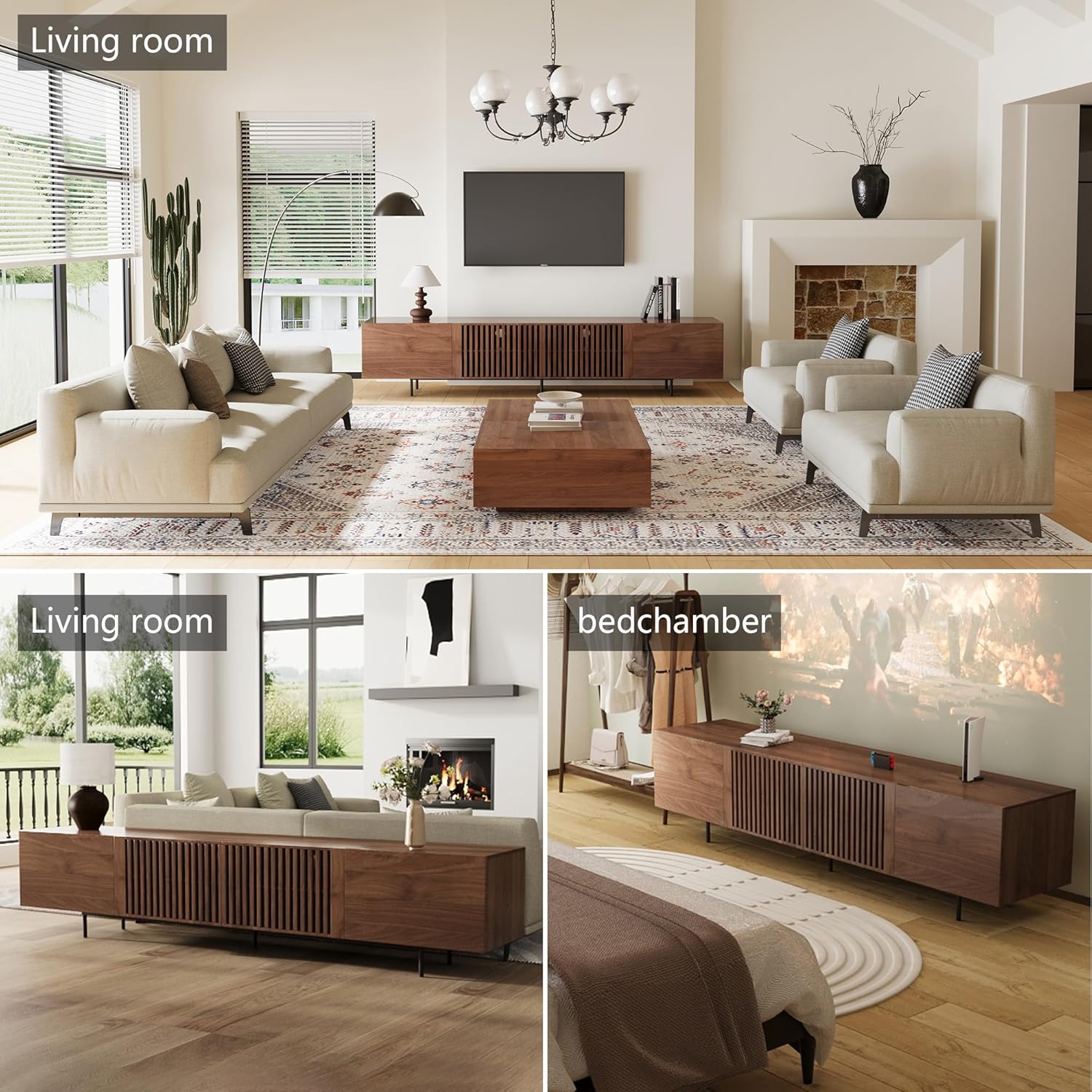 Mid-Century Modern TV-Schrank für 80+ Zoll Fernseher - TV Lowboard mit Stauraum - Home Entertainment Center in Walnuss für Wohnzimmer, Schlafzimmer (240cm)