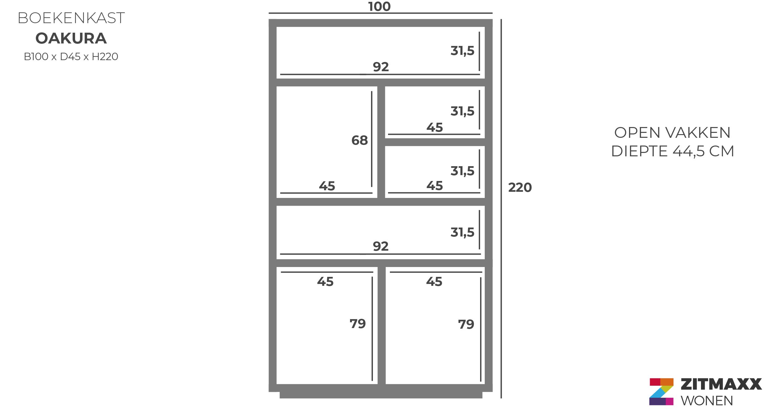 Boekenkast 210319 Oakura B100 x D45 x H220 cm