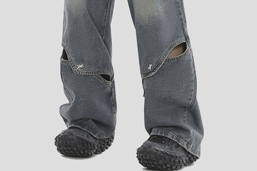 INStudio - High Waist Washed Cutout Wide Leg Jeans