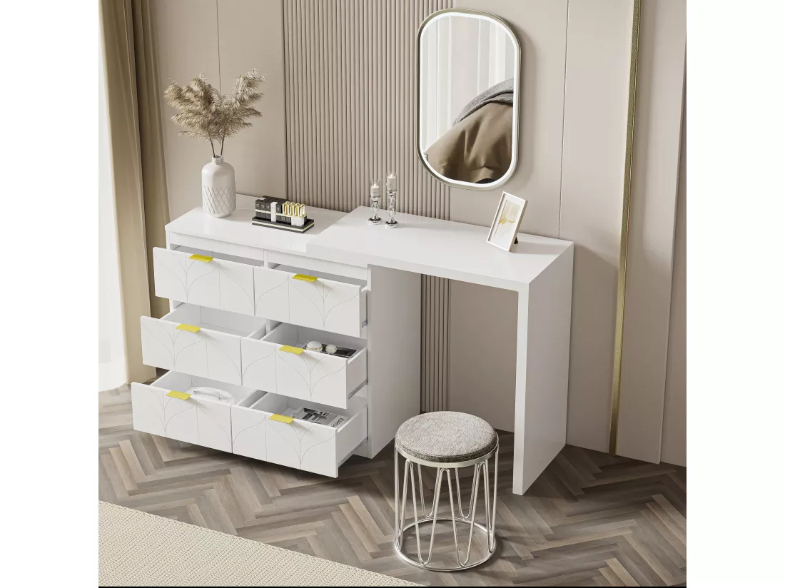 Coiffeuse pivotante contemporaine scandinave avec 6 tiroirs - décorée de motif fleuri - Blanc