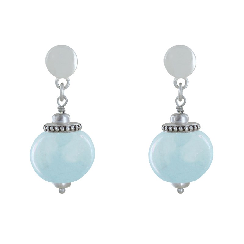 Boucles d'Oreilles Clous Métal Argenté et Grosses Perles en Céramique