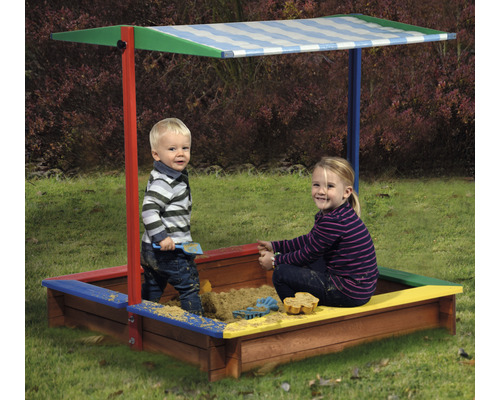 Zandbak met dakbalk 120 x 120 x 125 cm hout veelkleurige vierkante randbescherming