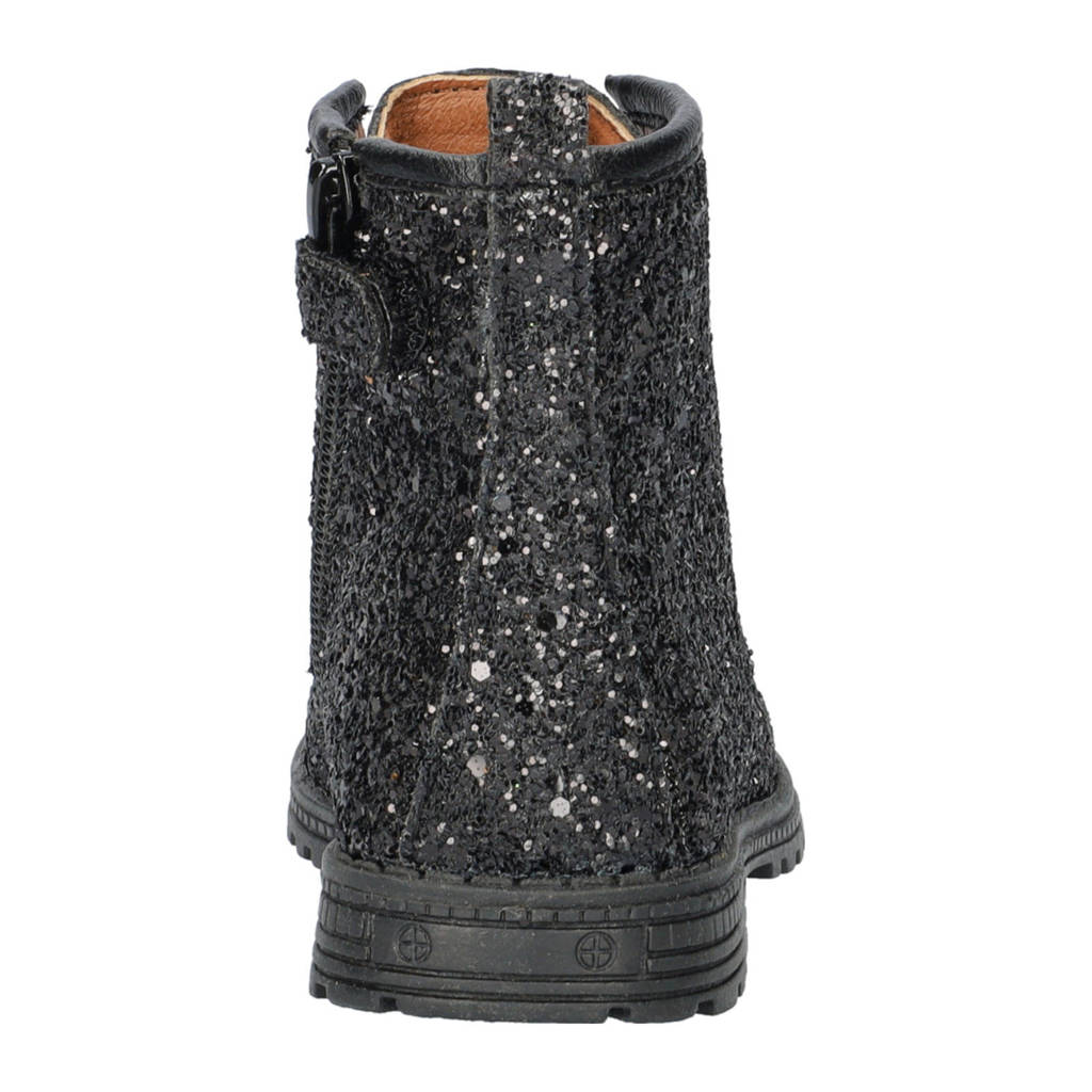 Nelson Kids leren veterboots met glitters zwart