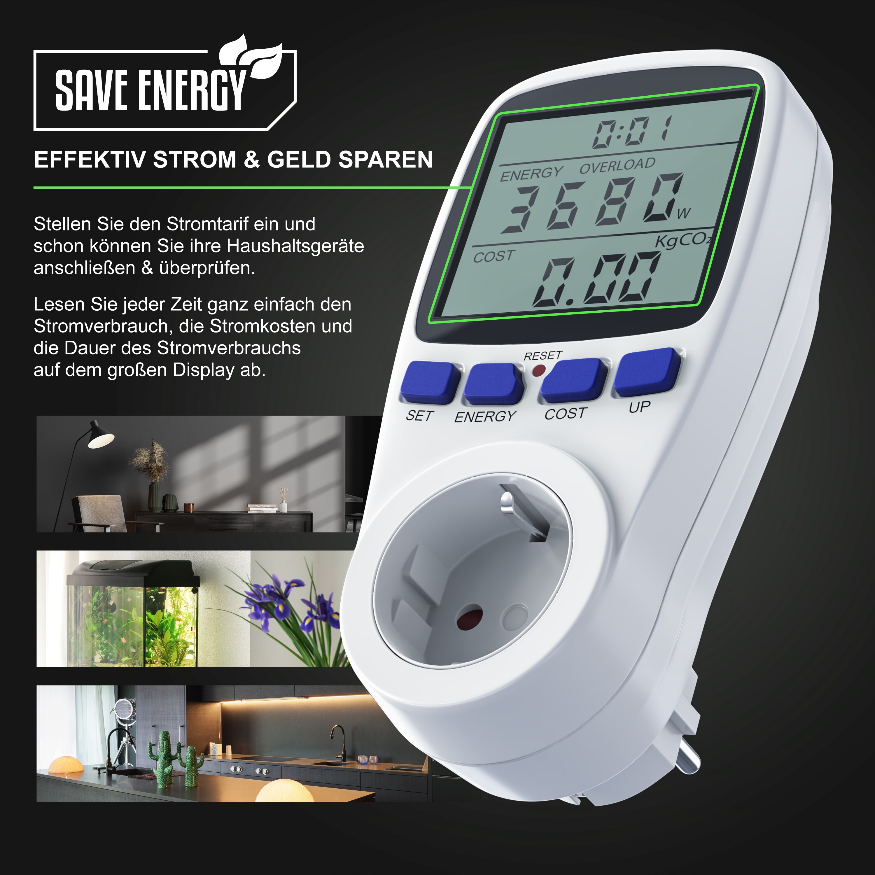 CSL Energiekostenmessgerät - Stromverbrauchszähler, Energiekosten Anzeige - Stromzähler - 3680W - Energiemessgerät mit integriertem Berührungsschutz