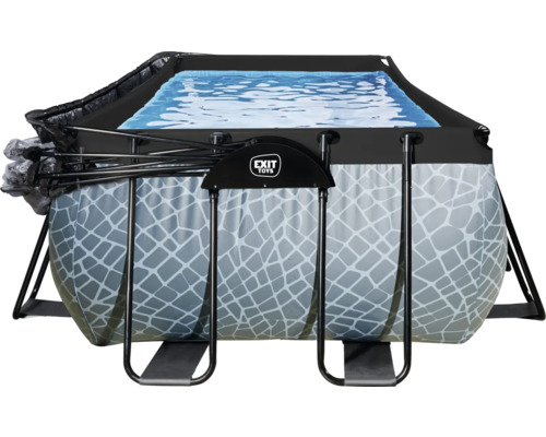 EXIT StonePool rechthoekige opzetzwembadset 540x250x122 cm inclusief zandfiltersysteem, ladder & afdekking met steenlook