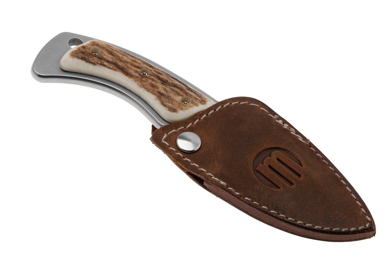 Maserin Mini Trapper 924-CV-1 Stonewashed Elmax, Stag Horn, Leather Button Sheath, klein vaststaand jachtmes