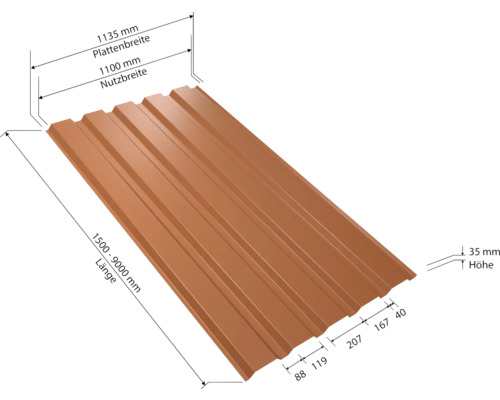 PRECIT trapezium wandpaneel W35LA koperbruin RAL 8004 vaste breedte 1070 mm x dikte 0,5 mm (verkocht per meter van 150 tot max. 900 cm)