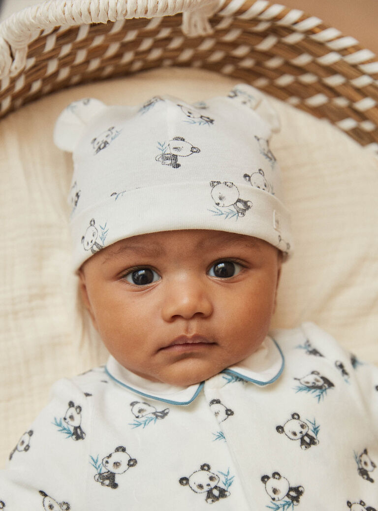 Lot de 2 bonnets de naissance bleu et écru en coton biologique