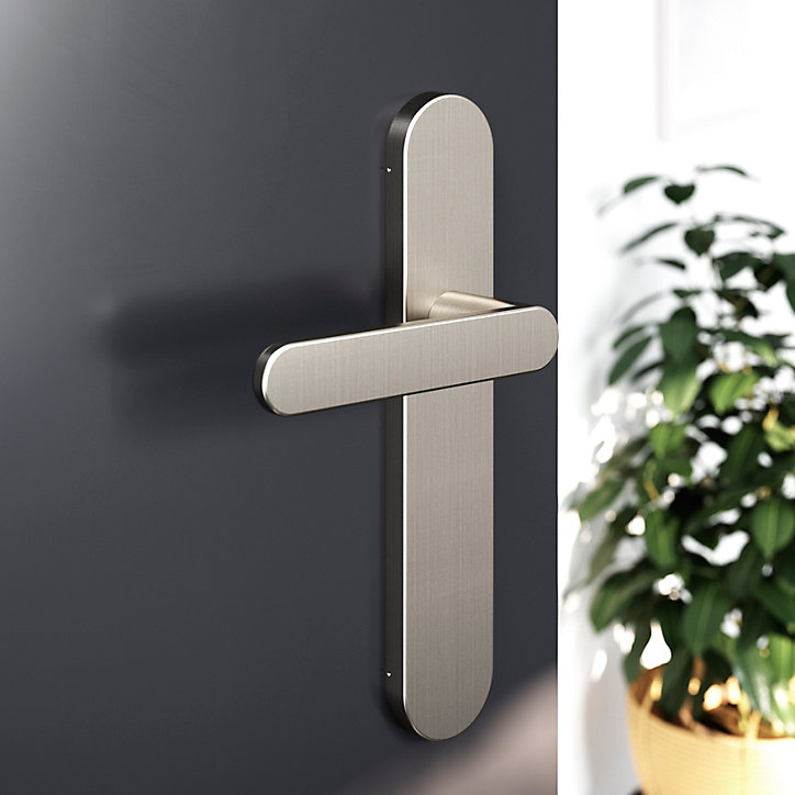 Ensemble poignée sur plaque rond GoodHome Minzh effet nickel satin gris L.120mm x l.42mm entraxe 165-195mm