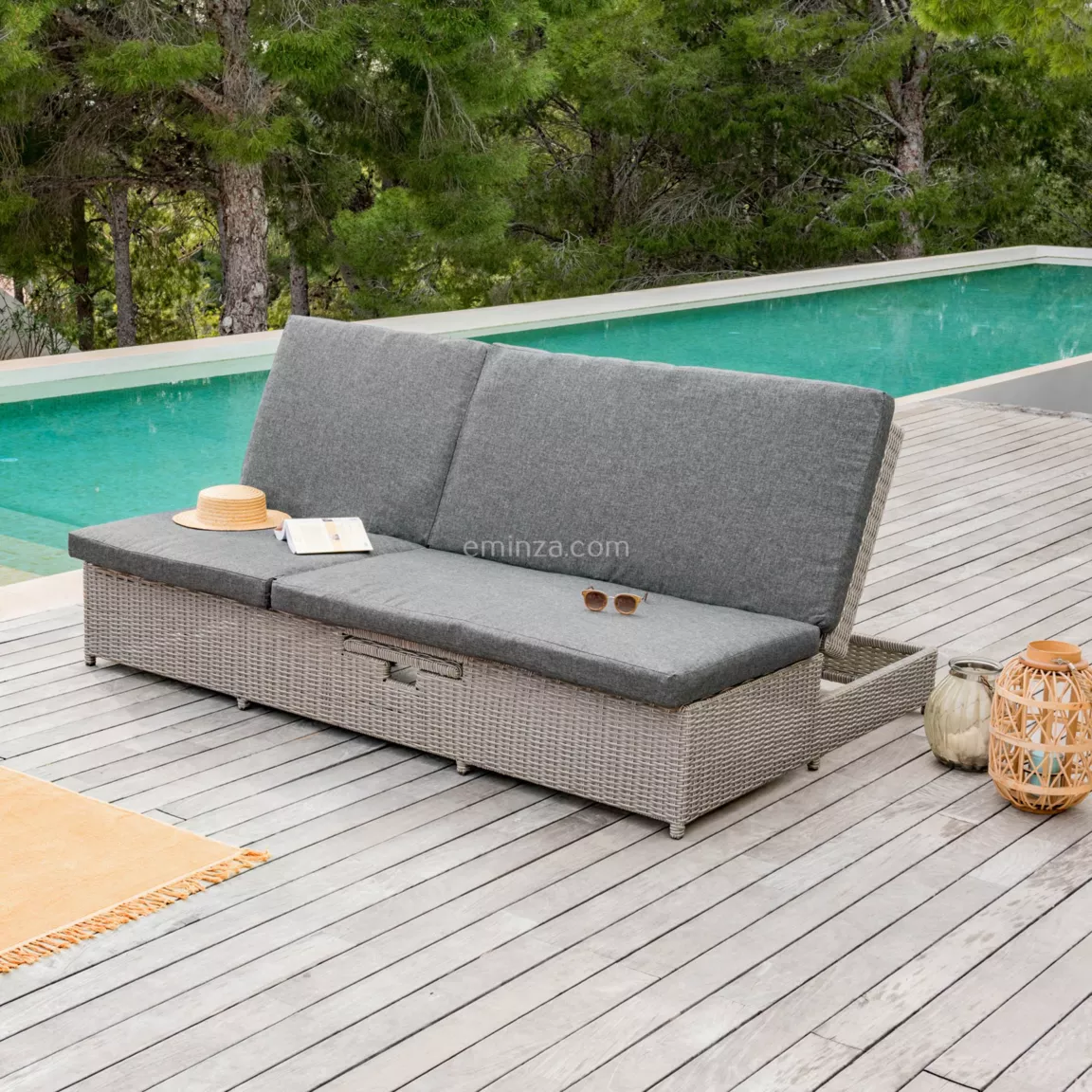 Transat double en résine tressée - Canapé de jardin Calvi Gris et gris foncé