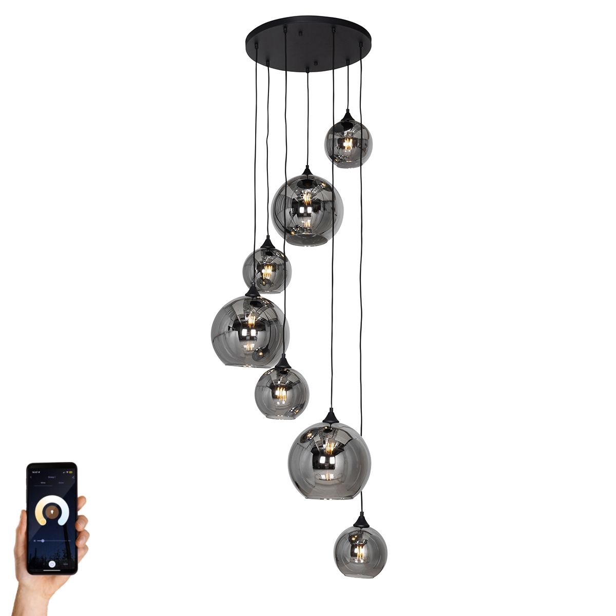 Smart hanglamp zwart met smoke glas rond 7-lichts incl. 7 Wifi A60 - Sandra