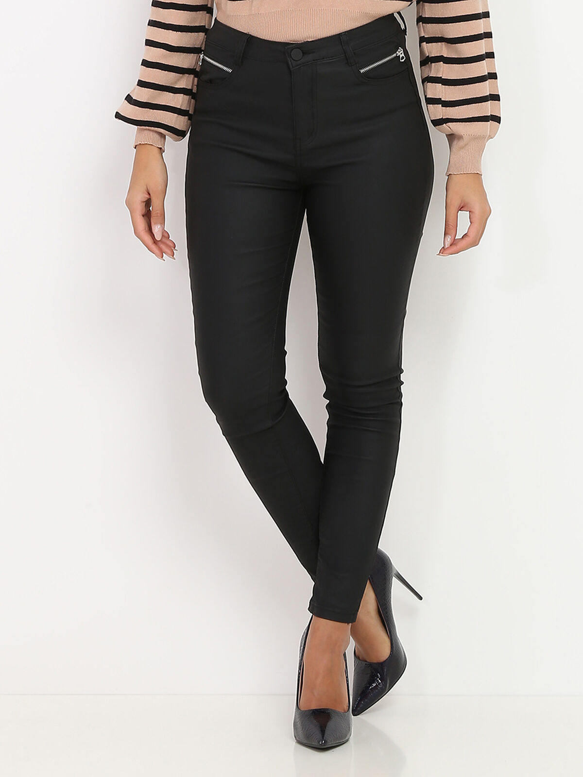 Pantalon skinny enduit à zips- Noir