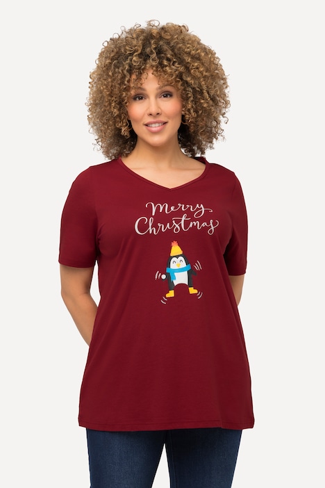 Weihnachts-Shirt, Pinguin, A-Linie, V-Ausschnitt, Halbarm