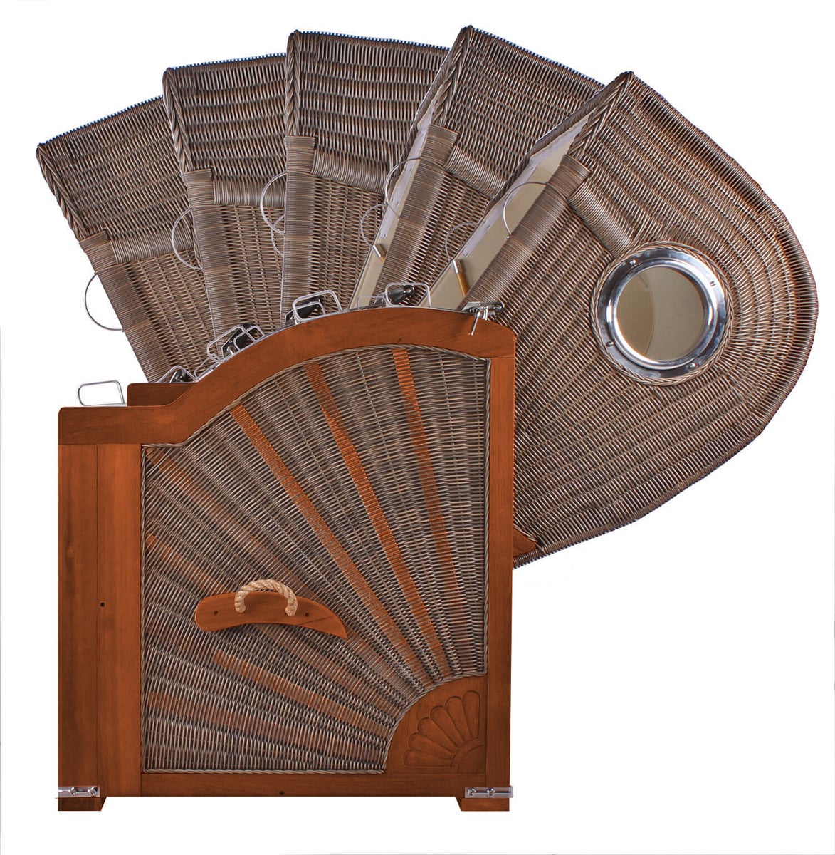 Westerland strandstoel, mahonie, patrijspoort, PE grijs, design 501