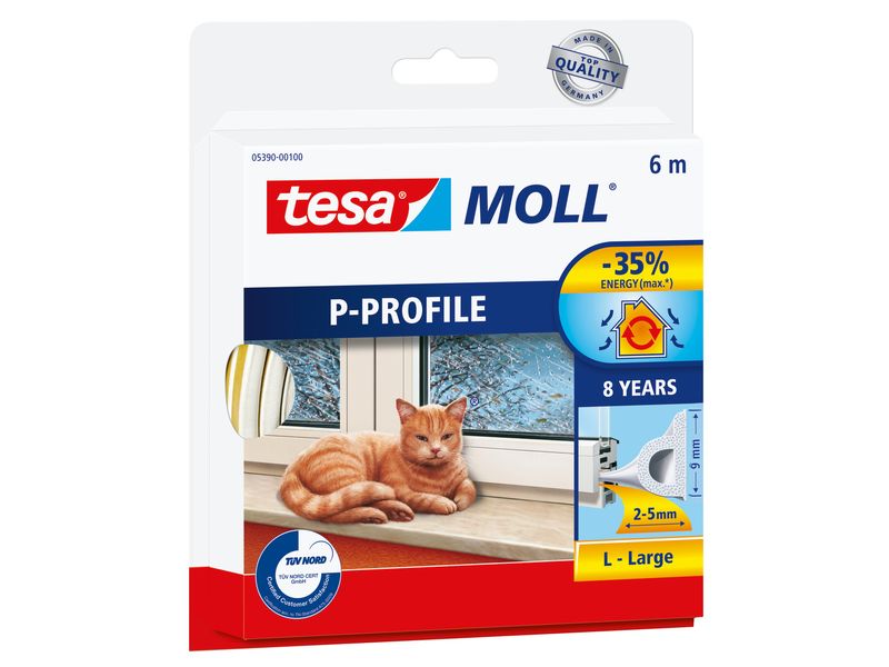 tesa Dichtungsband P-Profil, Weiss, 6 m x 9 mm Gummidichtung zur Abdichtung grösserer Fugen an Fenstern und Türen