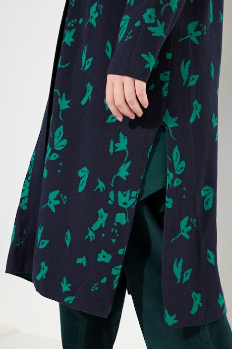 Long-Strickjacke, Blätter, V-Ausschnitt, Biobaumwolle