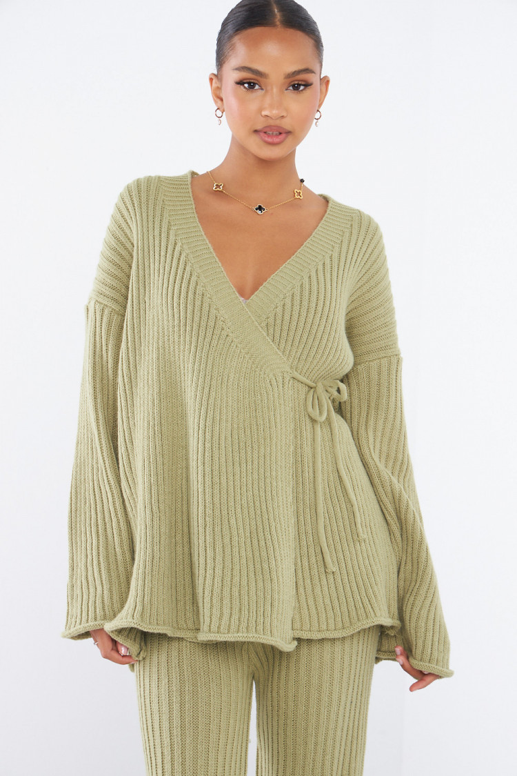 Ensemble 2 pièces gilet croisé + pantalon vert en maille