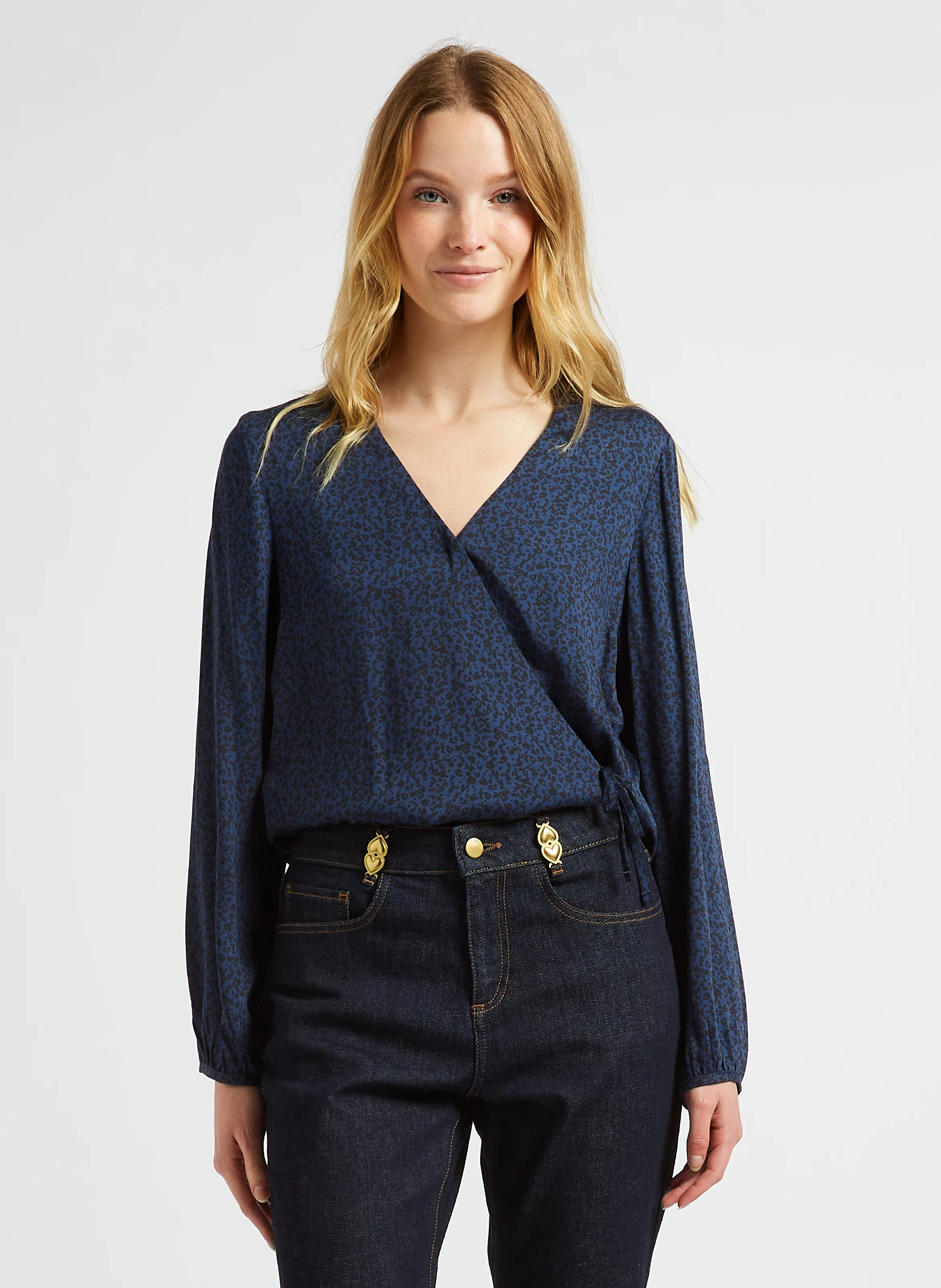 Blouse droite col V imprimée | Bleu