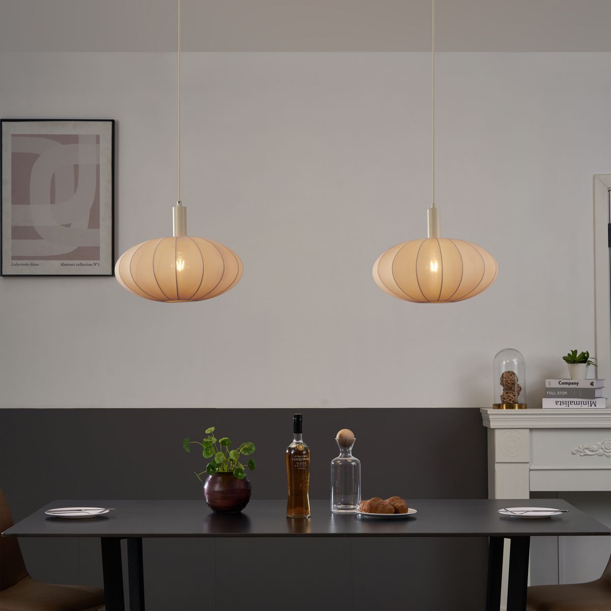 Japandi hanglamp beige met stoffen kap 2-lichts - Bida