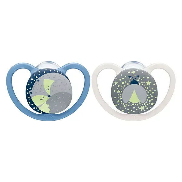 Nuk Space Night Sucette Physiologique Bleu Gris +0m Lot de 2