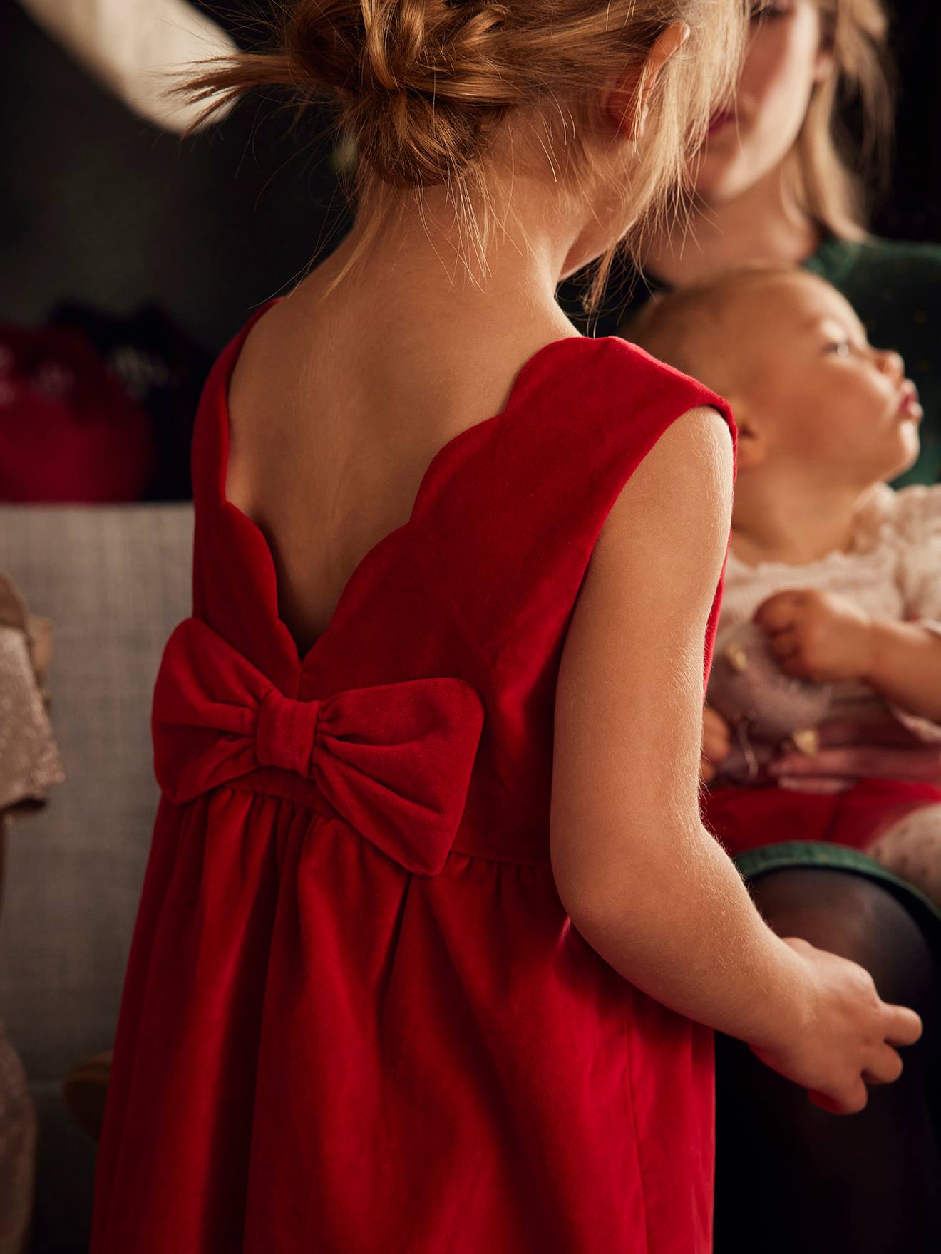 Vestido de festa liso de veludo com laço nas costas, para meninas, vermelho escuro liso