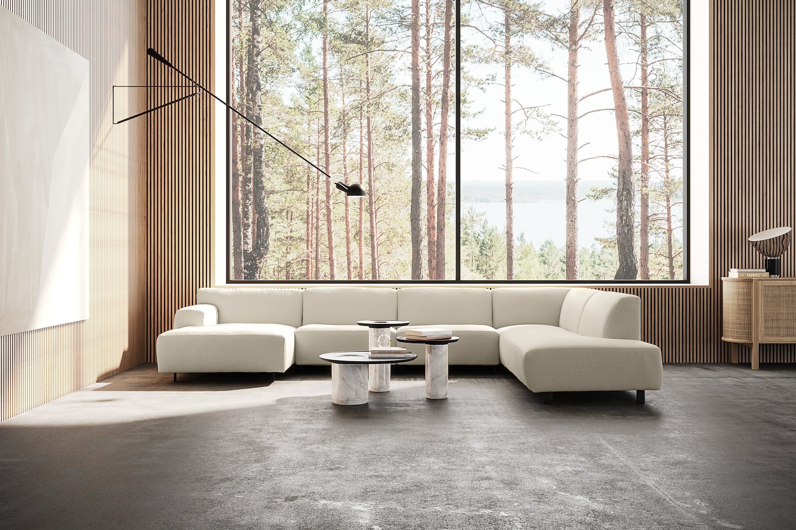 Vesta U-sofa Sjeselong venstre, 3-seter og åpen ende høyre. Big hjørnemodul, Tekstil Cortina Sand, sort metallben 10 cm, Comfort CM